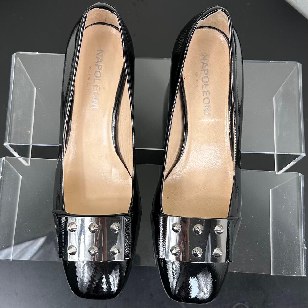 Napoleoni Women Black Patent Studded Block Heel Pumps Size 9 Preowned - Picture 3 of 11